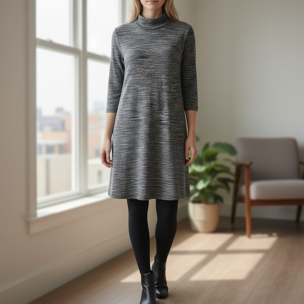 Lagenlook Soft Artsy Casual Gray Space Dye Mock Neck Shift Dress Fall Medium